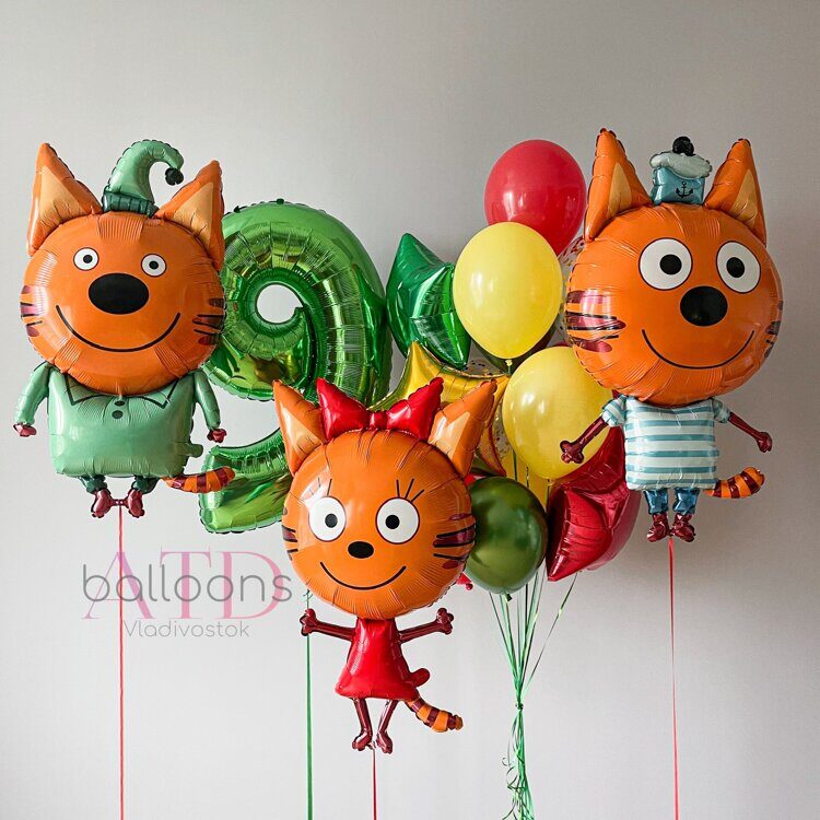 Воздушные гелиевые шары «Три кота»: Коржик, Компот, Карамелька